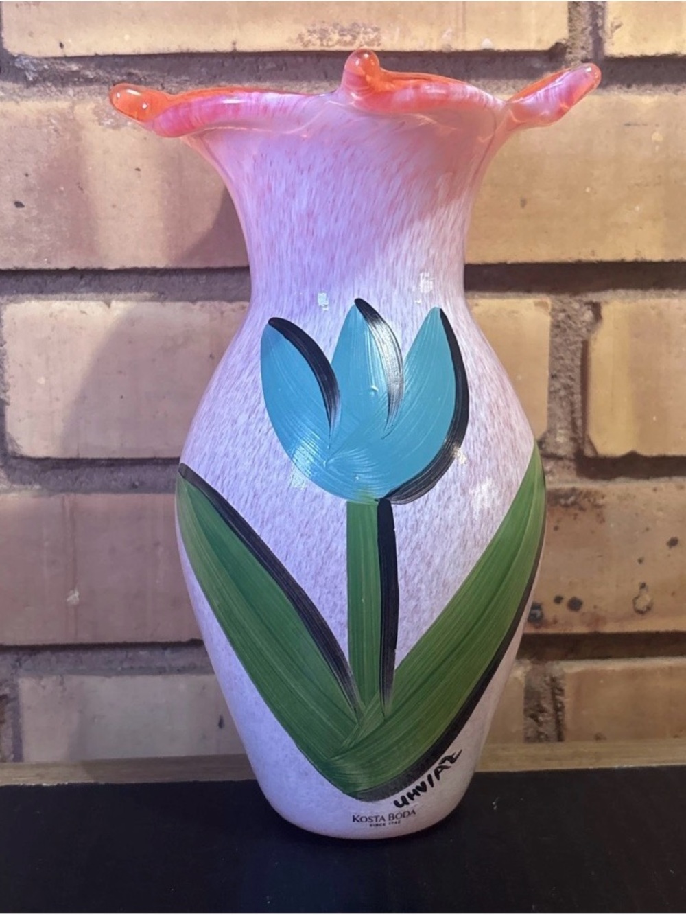 Kosta Boda Ulrica Hydman-Vallien Hand Painted Signed Glass Vase 8 In Tall